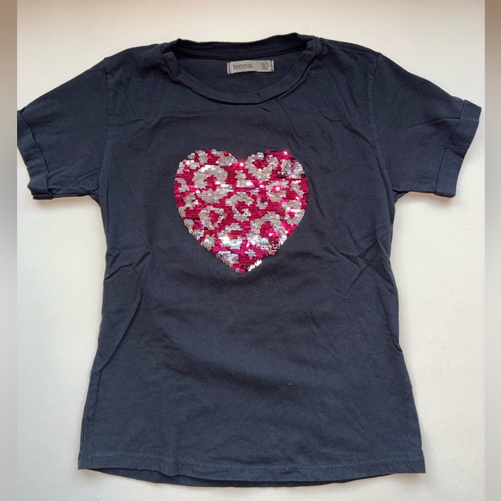 Tennis Black Kids Sequin Heart Tee
